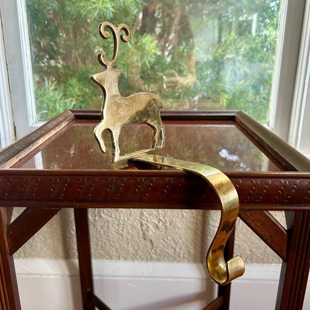 Vintage Brass Reindeer Stocking Holder, Long Mantel Hook